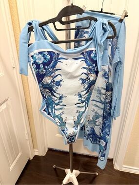 NWOT Light Blue Floral & Peacock Print Swimsuit and Sarong Set